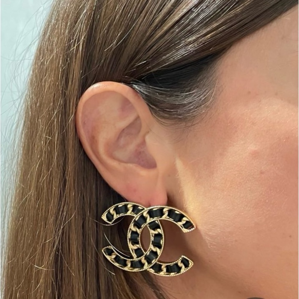 CHANEL 24A XXL Gold & Black LeatherCC Logo Earrings - NEW with Tags & RECEIPT!